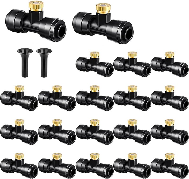 Wexecon Brass & Black Misting Nozzles Kit - 20pcs Mister Nozzles & Tees with 2pcs Plugs for 1/4" Tubing and Outdoor Patio System - Image 1